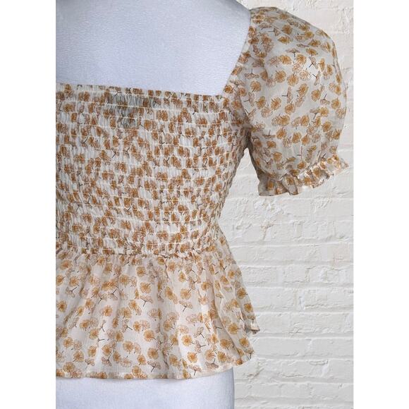 Ash & Violet Yellow White Daisy Floral Puff Sleeve Babydoll Smocked Top M Boho - Picture 10 of 11